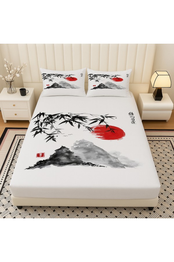 Japon Dağları Manzara Desenli Lastikli Çift Kişilik Çarşaf Takımı Yastık Kılıflı 160x200cm