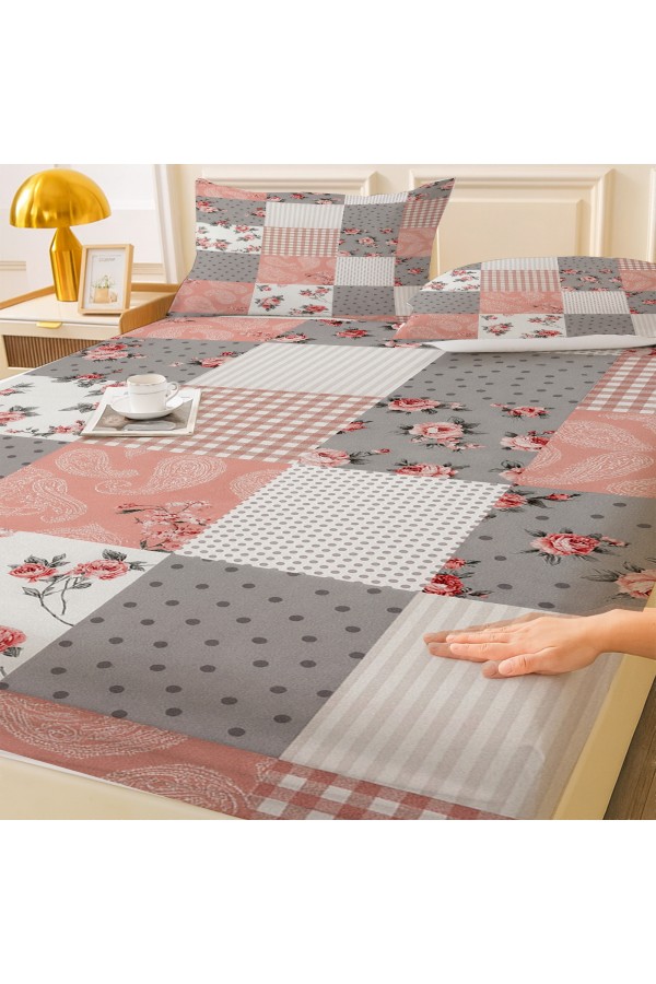 Gri Pembe Retro Çiçek Desenli Lastikli Çift Kişilik Çarşaf Takımı Yastık Kılıflı 160x200cm