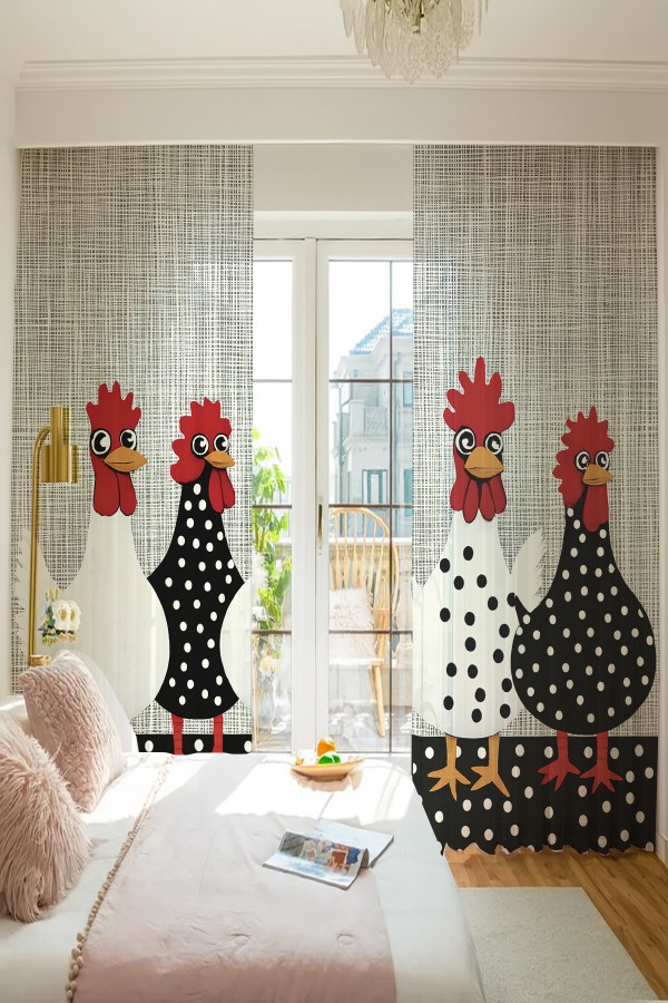 Tavuk Horoz Polka Dot Desenli Çift Kanatlı Tül Perde Oturma Odası Salon Mutfak 140x260cm
