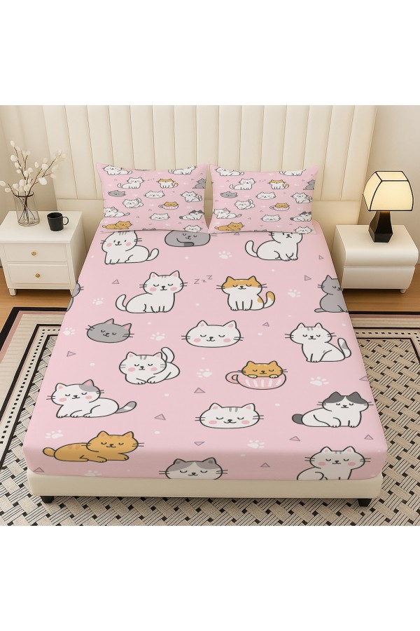 Pembe Sevimli Kediler Desenli Lastikli Çift Kişilik Çarşaf Takımı Yastık Kılıflı 160x200cm