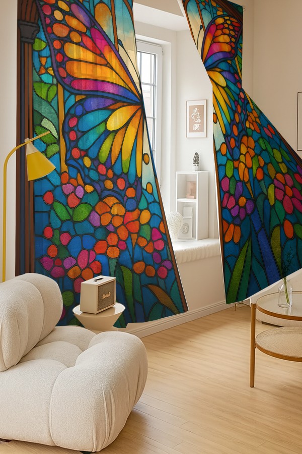 Renkli Kelebek Vitray Desenli Çift Kanatlı Tül Perde Oturma Odası Salon Mutfak 140x260cm