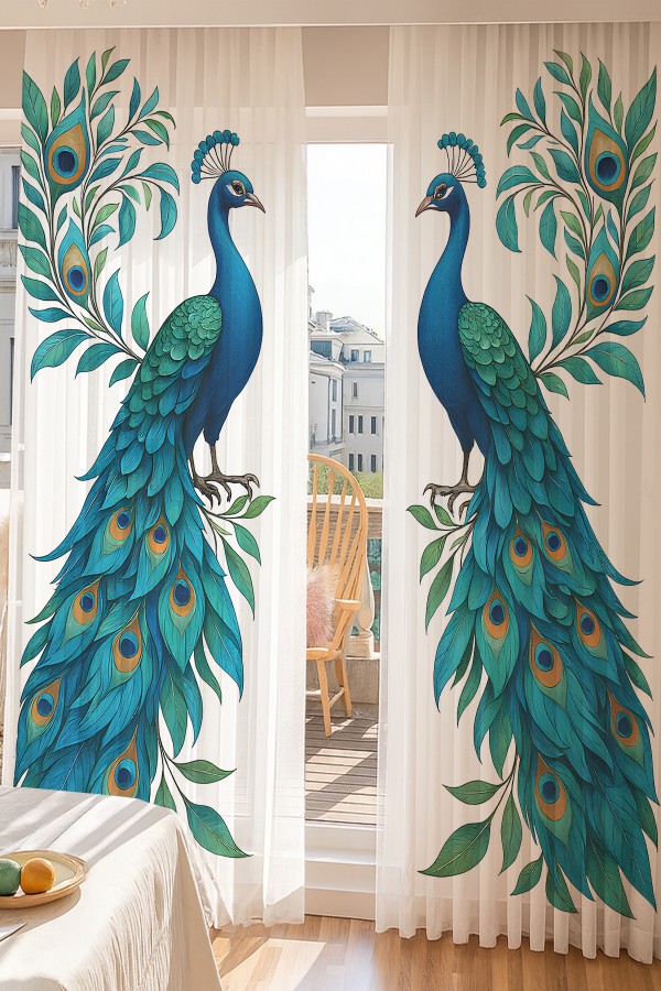 Mavi Tavus Kuşu Desenli Çift Kanatlı Tül Perde Oturma Odası Salon Mutfak 140x260cm