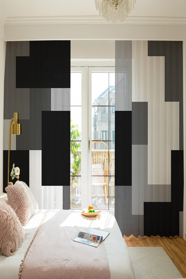 Siyah Gri Blok Geometrik Desenli Çift Kanatlı Tül Perde Oturma Odası Salon Mutfak 140x260cm