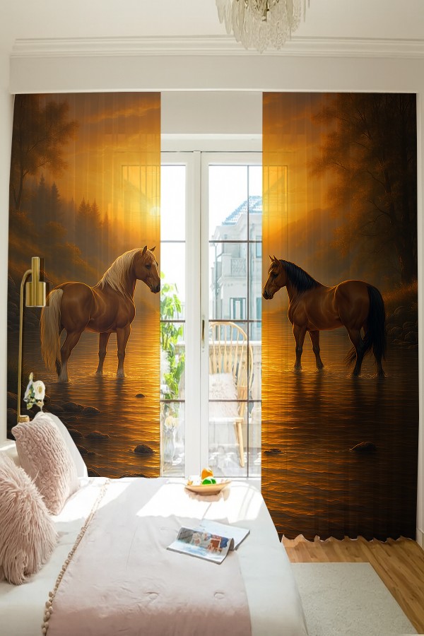 Gün Batımı Atlar Desenli Çift Kanatlı Tül Perde Oturma Odası Salon Mutfak 140x260cm