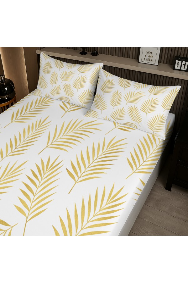 Altın Palmiye Yaprak Desenli Lastikli Çift Kişilik Çarşaf Takımı Yastık Kılıflı 160x200cm