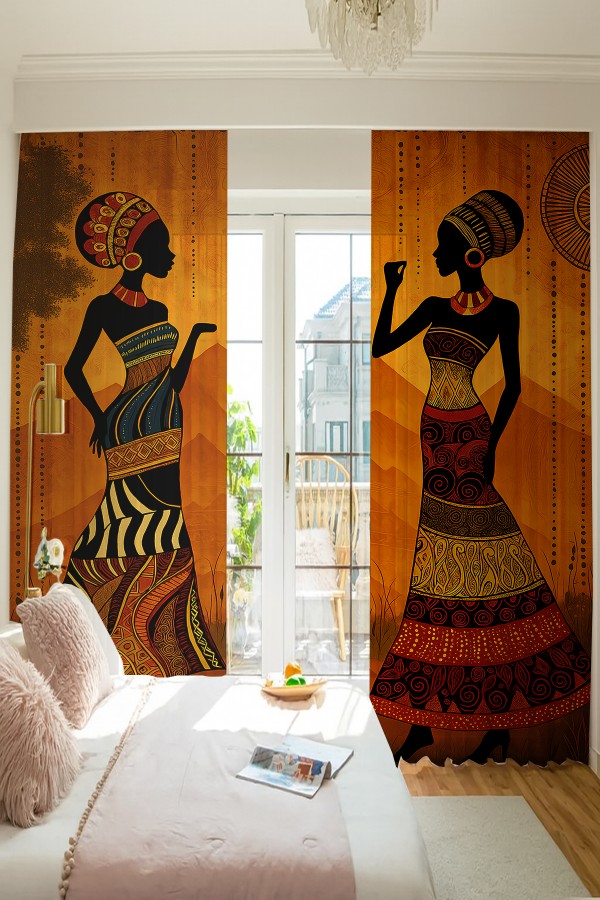 Afrika Etnik Kadın Desenli Çift Kanatlı Tül Perde Oturma Odası Salon Mutfak 140x260cm Afrika Etnik Kadın Desenli Çift Kanatlı Tül Perde Oturma Odası Salon Mutfak 140x260cm