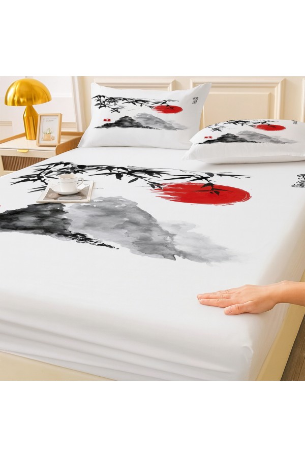 Japon Dağları Manzara Desenli Lastikli Çift Kişilik Çarşaf Takımı Yastık Kılıflı 160x200cm