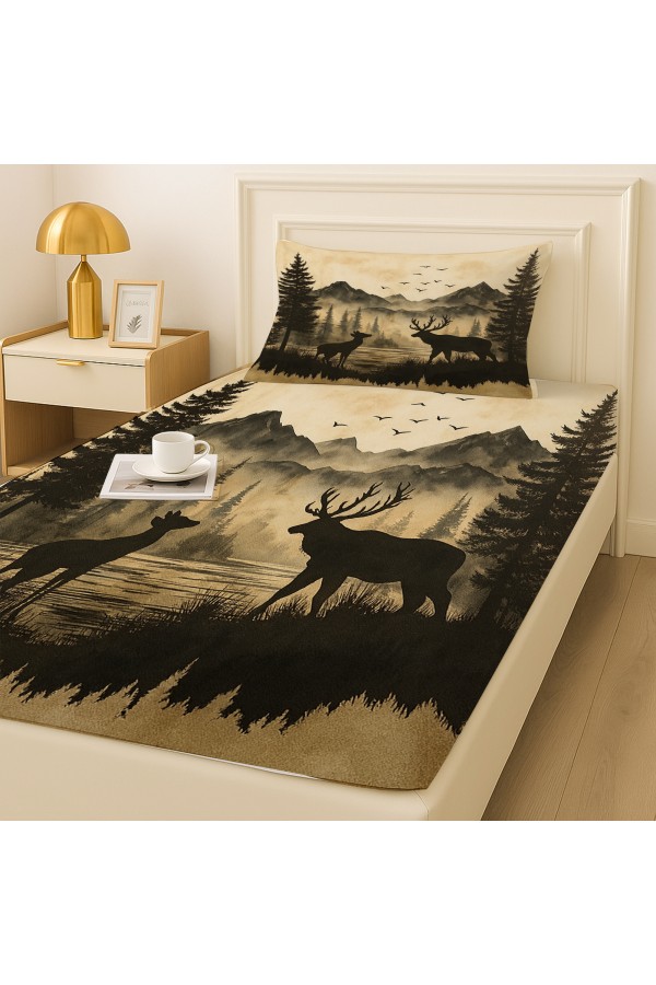 Dağ Manzaralı Geyik Desenli Lastikli Tek Kişilik Çarşaf Takımı Yastık Kılıflı 100x200cm Dağ Manzaralı Geyik Desenli Lastikli Tek Kişilik Çarşaf Takımı Yastık Kılıflı 100x200cm