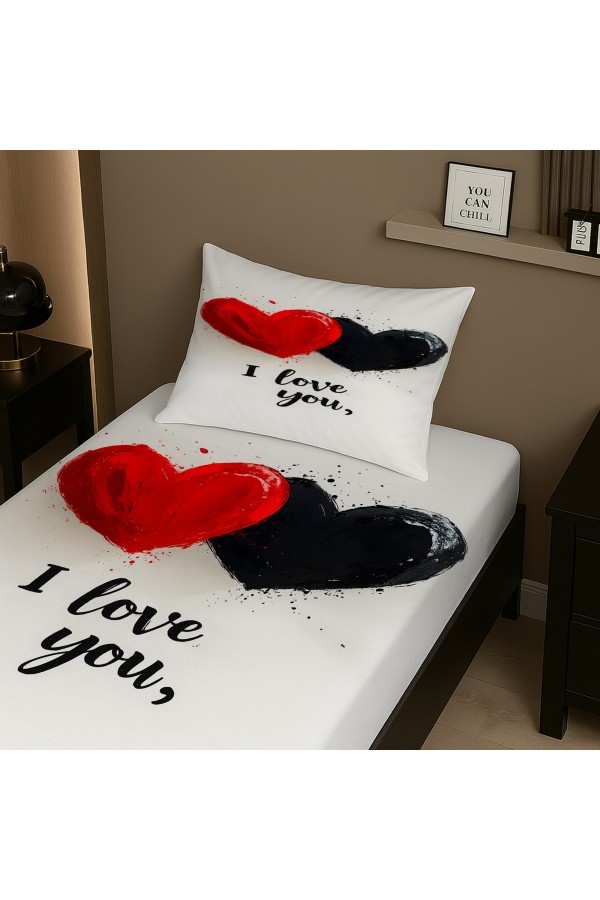 Love You Kalpler Desenli Lastikli Tek Kişilik Çarşaf Takımı Yastık Kılıflı 100x200cm Love You Kalpler Desenli Lastikli Tek Kişilik Çarşaf Takımı Yastık Kılıflı 100x200cm