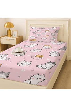 Pembe Sevimli Kediler Desenli Lastikli Tek Kişilik Çarşaf Takımı Yastık Kılıflı 100x200cm Pembe Sevimli Kediler Desenli Lastikli Tek Kişilik Çarşaf Takımı Yastık Kılıflı 100x200cm