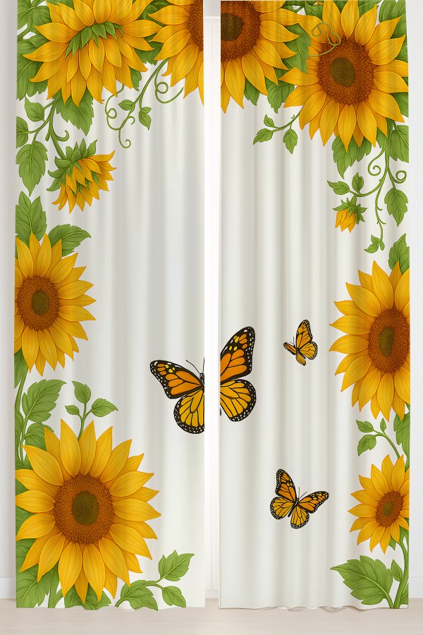 Ayçiçeği Çiçekler Desenli Çift Kanatlı Fon Perde Süet Oturma Odası Salon Mutfak 140x260cm