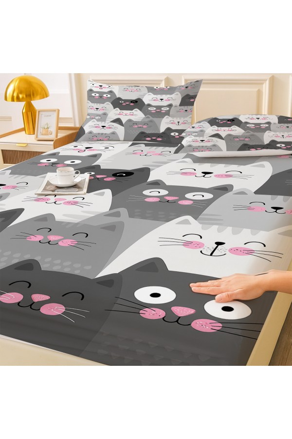 Gri Beyaz Kediler Desenli Lastikli Çift Kişilik Çarşaf Takımı Yastık Kılıflı 160x200cm