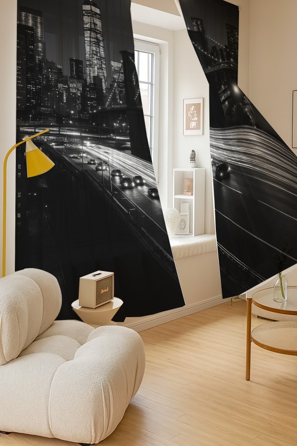 New York Gece Manzaralı Şehir Silüeti Desenli Çift Kanatlı Tül Perde Oturma Odası Salon Mutfak