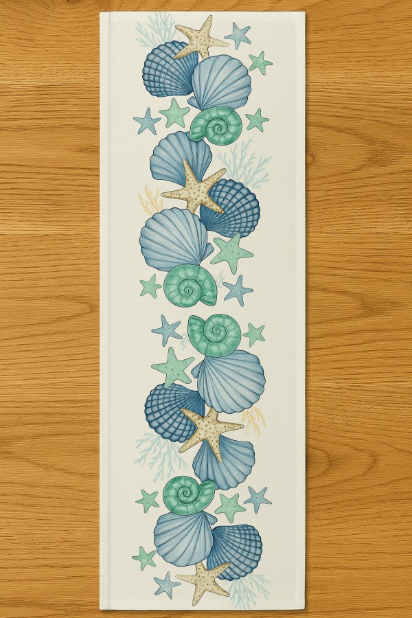 Mavi Deniz Kabukları Desenli Dijital Baskı Yıkanabilir Dekoratif Runner 40x140cm Mavi Deniz Kabukları Desenli Dijital Baskı Yıkanabilir Dekoratif Runner 40x140cm