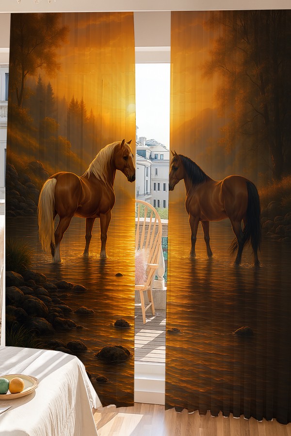 Gün Batımı Atlar Desenli Çift Kanatlı Tül Perde Oturma Odası Salon Mutfak 140x260cm