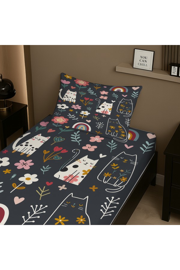 Mistik Kedili Desenli Lastikli Tek Kişilik Çarşaf Takımı Yastık Kılıflı 100x200cm Mistik Kedili Desenli Lastikli Tek Kişilik Çarşaf Takımı Yastık Kılıflı 100x200cm