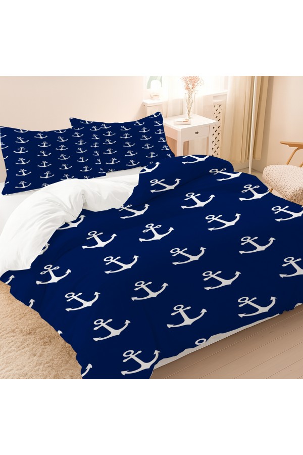 Mavi Denizci Çapa Desenli Pamuk Saten Çift Kişilik Nevresim Takımı 200x220cm Mavi Denizci Çapa Desenli Pamuk Saten Çift Kişilik Nevresim Takımı 200x220cm