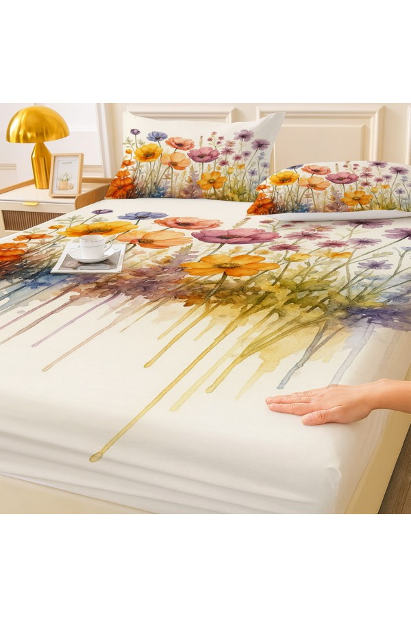 Suluboya Çiçekler Desenli Lastikli Çift Kişilik Çarşaf Takımı Yastık Kılıflı 160x200cm