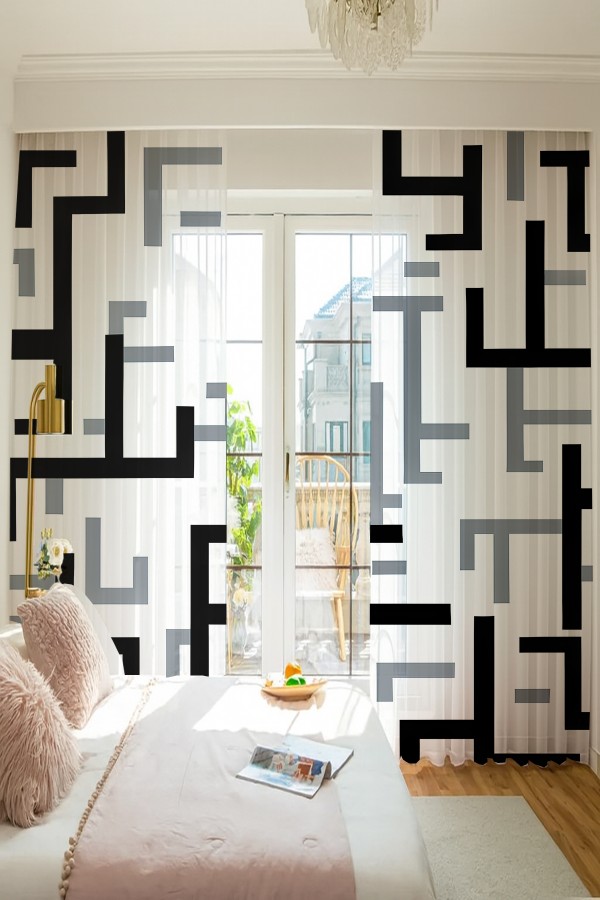Siyah Gri Geometrik Desenli Çift Kanatlı Tül Perde Oturma Odası Salon Mutfak 140x260cm