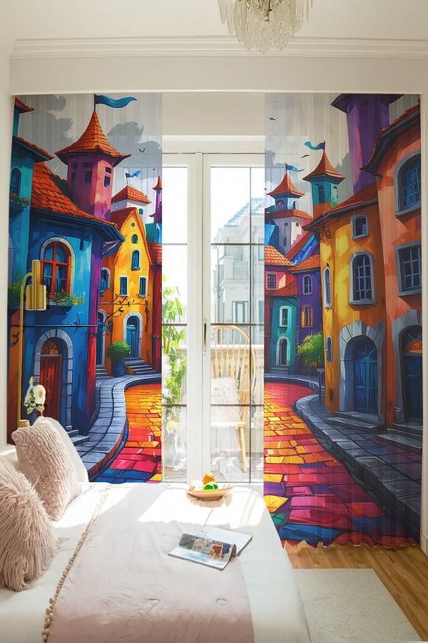 Renkli Sokak Manzaralı Desenli Çift Kanatlı Tül Perde Oturma Odası Salon Mutfak 140x260cm