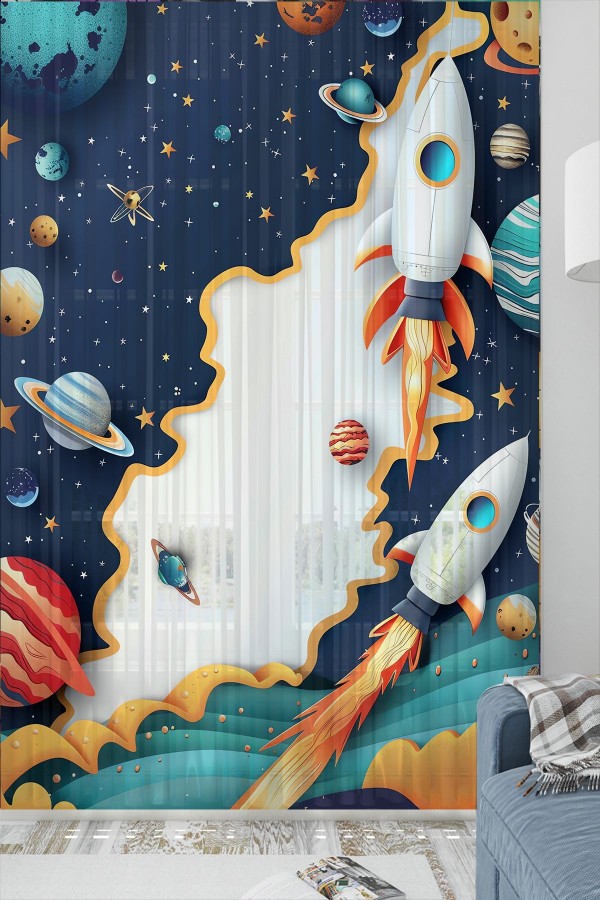 Uzay Gemisi Galaksi Desenli Erkek Çocuk Odası Tül Perde 140x260cm Uzay Gemisi Galaksi Desenli Erkek Çocuk Odası Tül Perde 140x260cm
