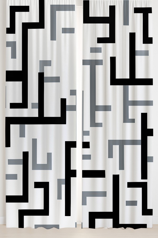 Siyah Gri Geometrik Desenli Çift Kanatlı Fon Perde Süet Oturma Odası Salon Mutfak 140x260cm