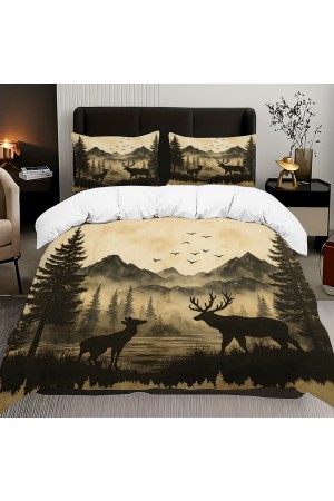 Dağ Manzaralı Geyik Desenli Pamuk Saten Çift Kişilik Nevresim Takımı 200x220cm Dağ Manzaralı Geyik Desenli Pamuk Saten Çift Kişilik Nevresim Takımı 200x220cm