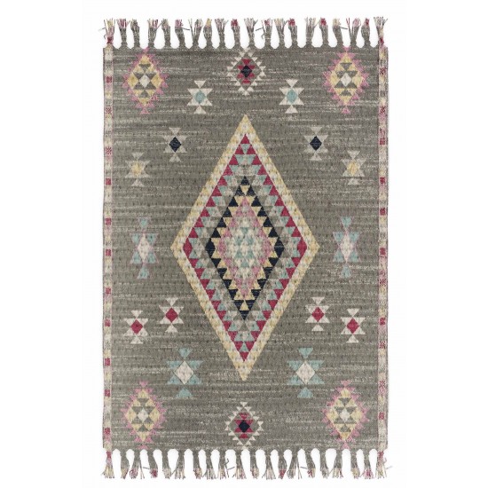 Else Gri Pembe Etnik Vintage Kara Tezgah İskandinav Desenli Yıkanabilir Saçaklı Kilim TKS-36