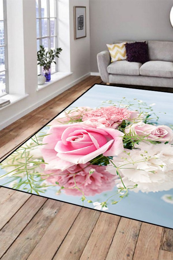 Else Hali Mavi Zemin Pembe Gül Dekoratif Modern 3D Salon Halilari Else Hali Mavi Zemin Pembe Gül Dekoratif Modern 3D Salon Halilari