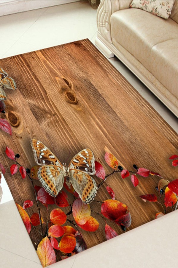Else Hali Tahta Çiçek Kelebekler 3D Baskili Modern Halilar Else Hali Tahta Çiçek Kelebekler 3D Baskili Modern Halilar