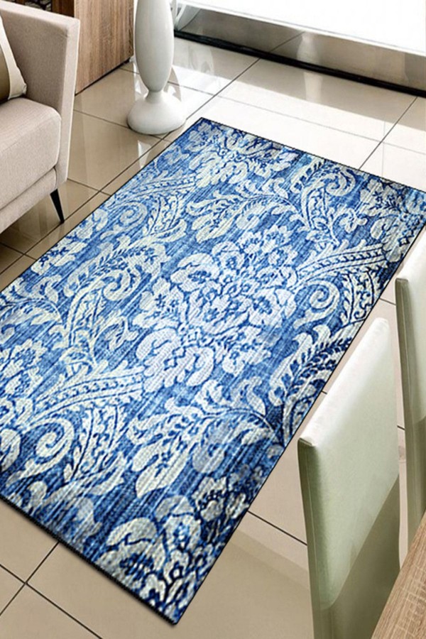Else Hali Mavi Vintage Damask 3D Baskili Modern Halilar Else Hali Mavi Vintage Damask 3D Baskili Modern Halilar