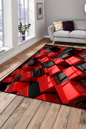 Else Hali Kirmizi Siyah Kutular 3D Modern Dekoratif Salon Mutfak Hali Else Hali Kirmizi Siyah Kutular 3D Modern Dekoratif Salon Mutfak Hali