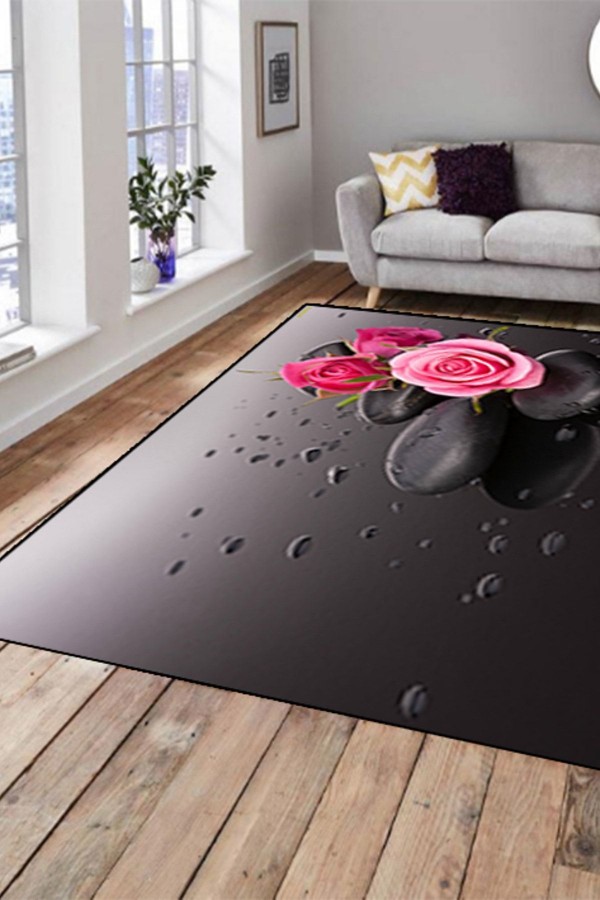 Else Hali Siyah Pembe Güllü Modern Dekoratif 3D Salon Halilari Else Hali Siyah Pembe Güllü Modern Dekoratif 3D Salon Halilari