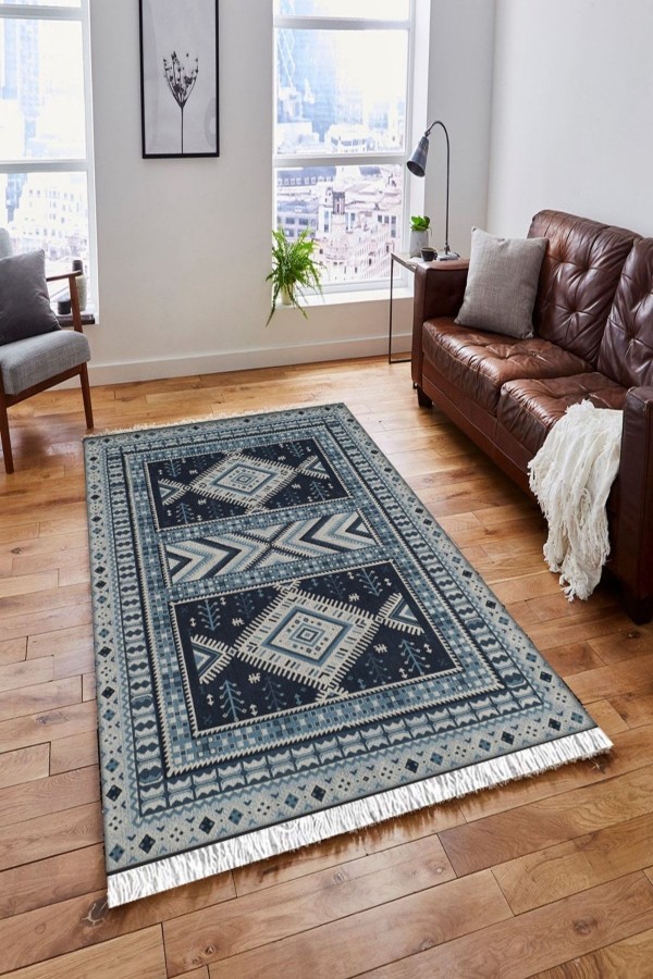 Else Turkuaz Lacivert Gri Vintage Saçaklı Bohem Kilim Halı