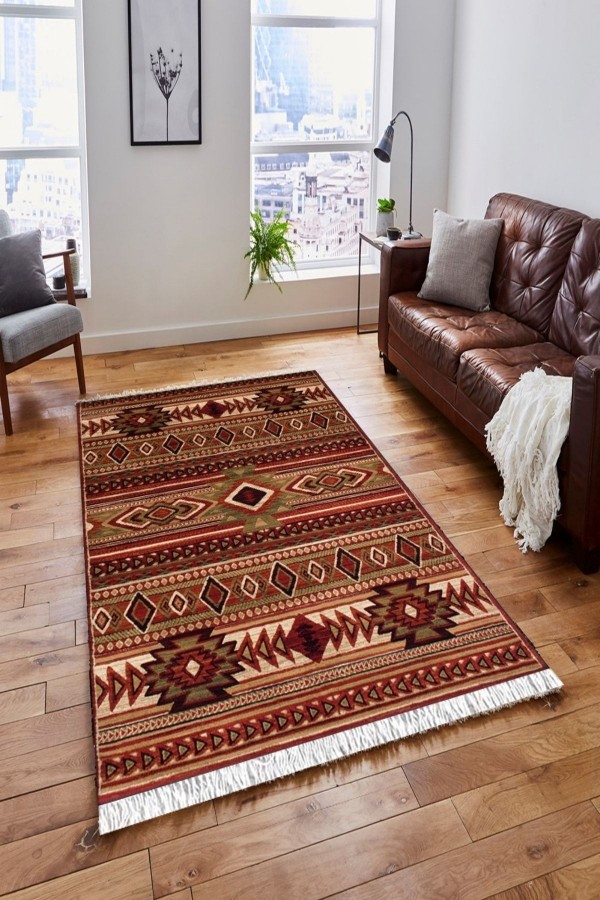Else Kahverengi Kırmızı Etnik Vintage Saçaklı Bohem Kilim Halı