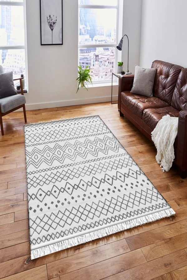 Else Gri Krem Geometrik Vintage Saçaklı Bohem Kilim Halı