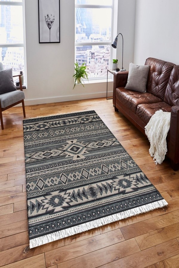 Else Gri Siyah Otantik Vintage Saçaklı Bohem Kilim Halı