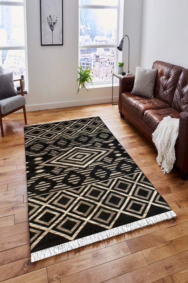 Else Kahve Siyah Karolar Geometrik Vintage Saçaklı Bohem Kilim Halı Else Kahve Siyah Karolar Geometrik Vintage Saçaklı Bohem Kilim Halı