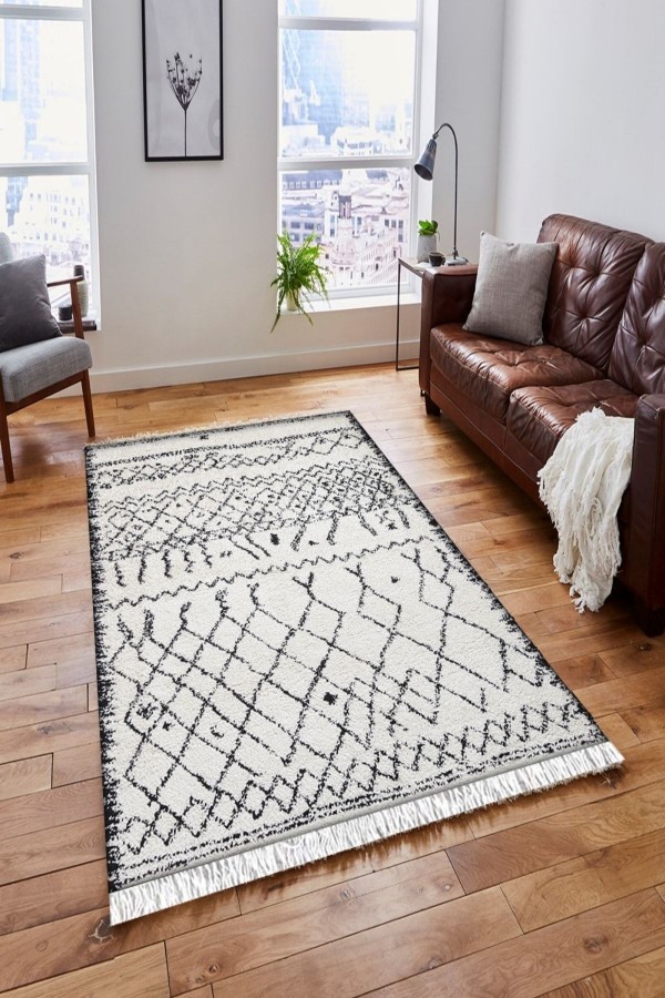 Else Beyaz Gri Karışık Çizgiler Vintage Saçaklı Bohem Kilim Halı