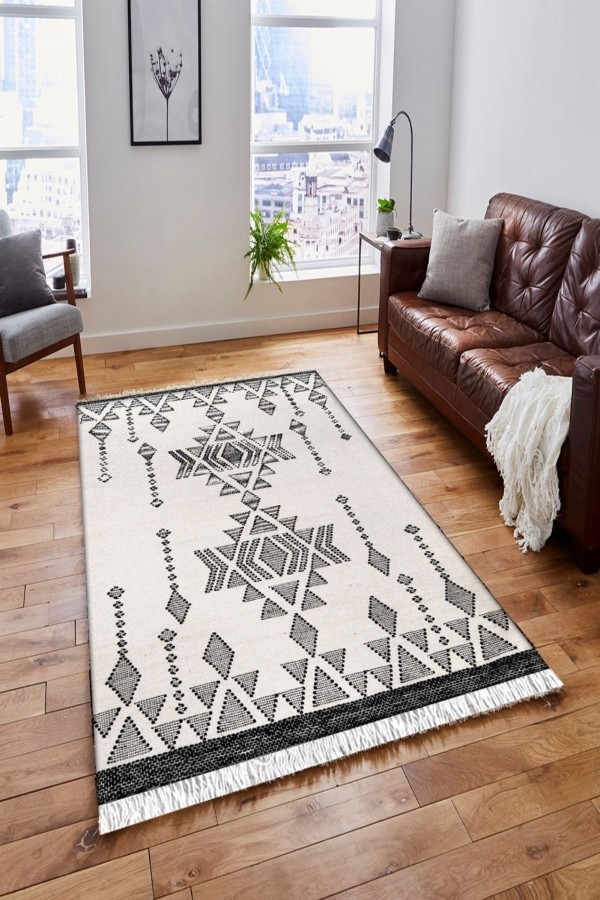 Else Krem Siyah Otantik Vintage Saçaklı Bohem Kilim Halı