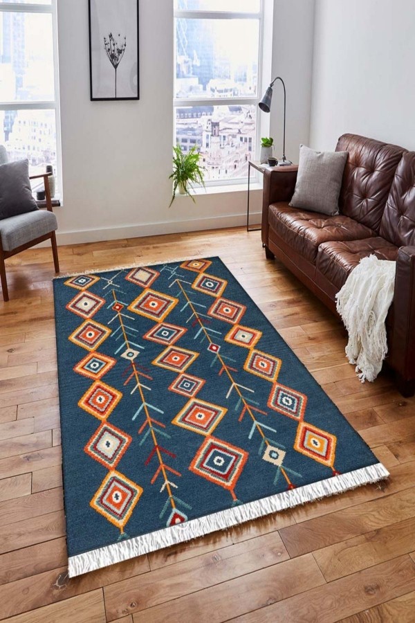 Else Lacivert Turuncu Sarı Etnik Vintage Saçaklı Bohem Kilim Halı