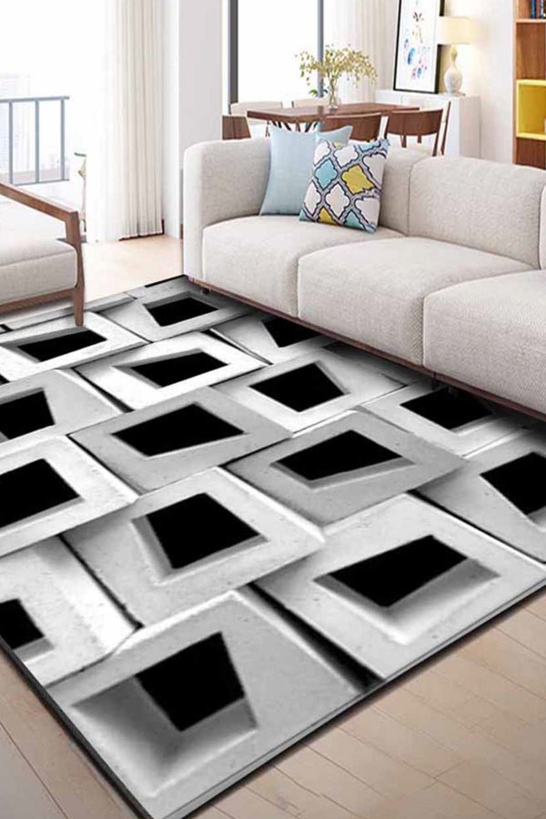 Else Gri Siyah Beyaz Kutular 3D Dekoratif Modern Desenli Halı Else Gri Siyah Beyaz Kutular 3D Dekoratif Modern Desenli Halı