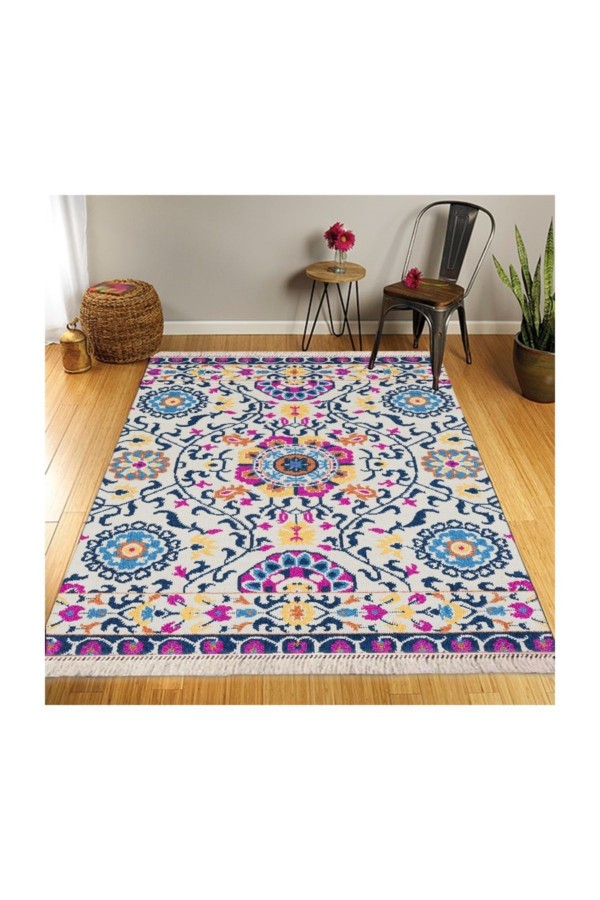 Retro Şönil Desenli Modern Püsküllü Kilim Halı 80x150cm Retro Şönil Desenli Modern Püsküllü Kilim Halı