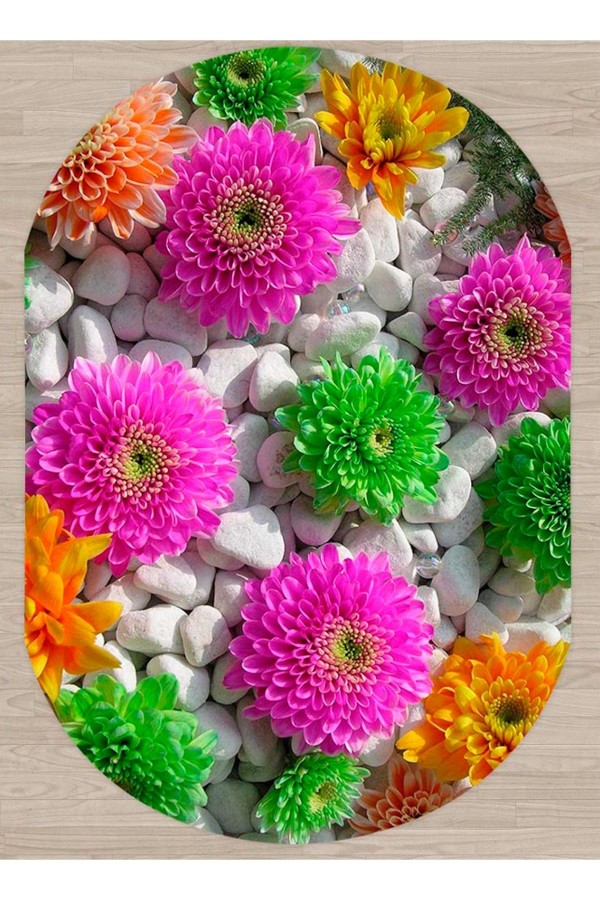 Else Renkli Çiçekli Dekoratif Salon Banyo Baskili 3D Dekoratif Oval Hali Else Renkli Çiçekli Dekoratif Salon Banyo Baskili 3D Dekoratif Oval Hali