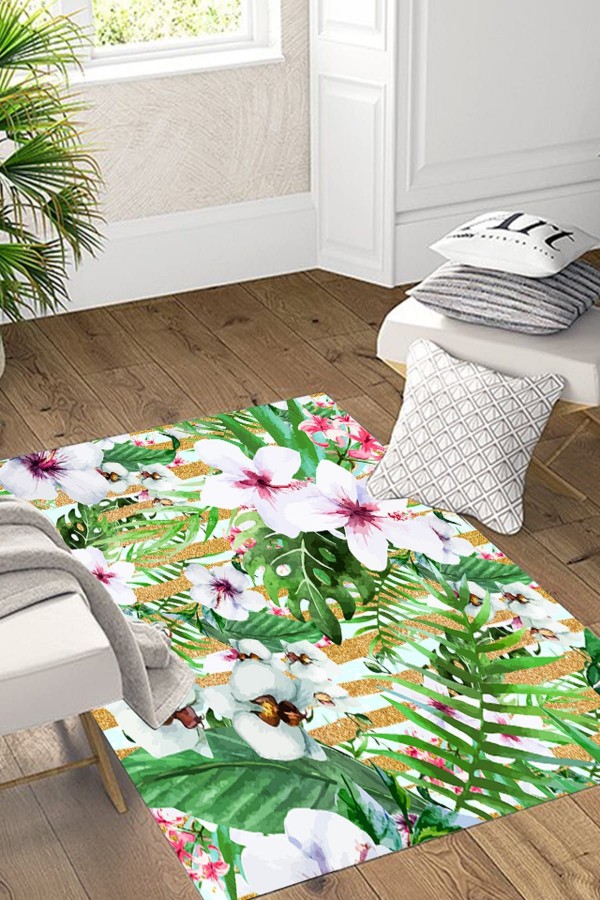 Else Yeşil Yaprakli Çiçekler 3D Modern Salon Halisi