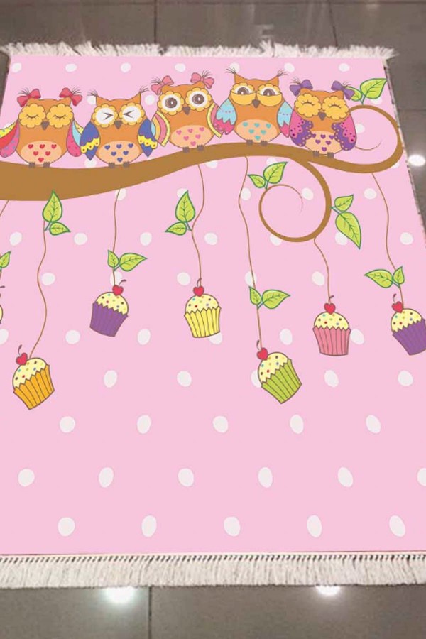 Else Pembe Baykuşlar Çocuk Dekoratif  Modern 3D Dokuma Şönil Hali