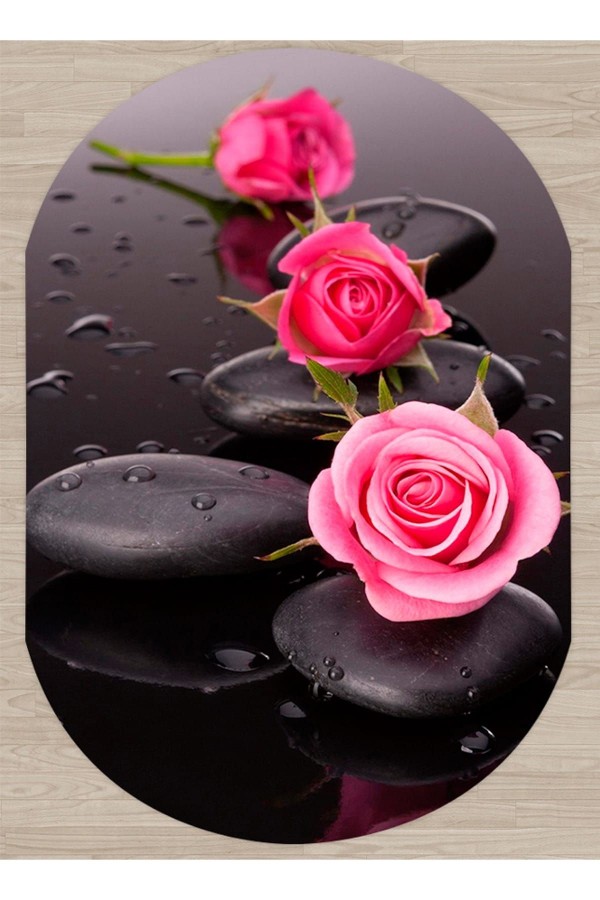 Else Spa Pembe Gül Dekoratif Salon Banyo Baskili 3D Dekoratif Oval Hali