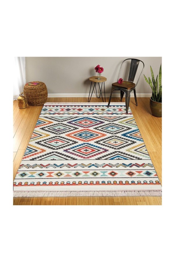 Retro Şönil Desenli Modern Püsküllü Kilim Halı 5 80x150cm Retro Şönil Desenli Modern Püsküllü Kilim Halı 5