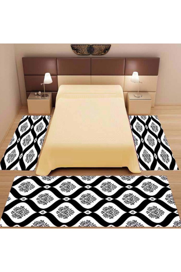 3Lu Set Else Siyah Beyaz Damask 3D 3 Boyutlu Yatak Odasi Halisi 3 Lü Seti