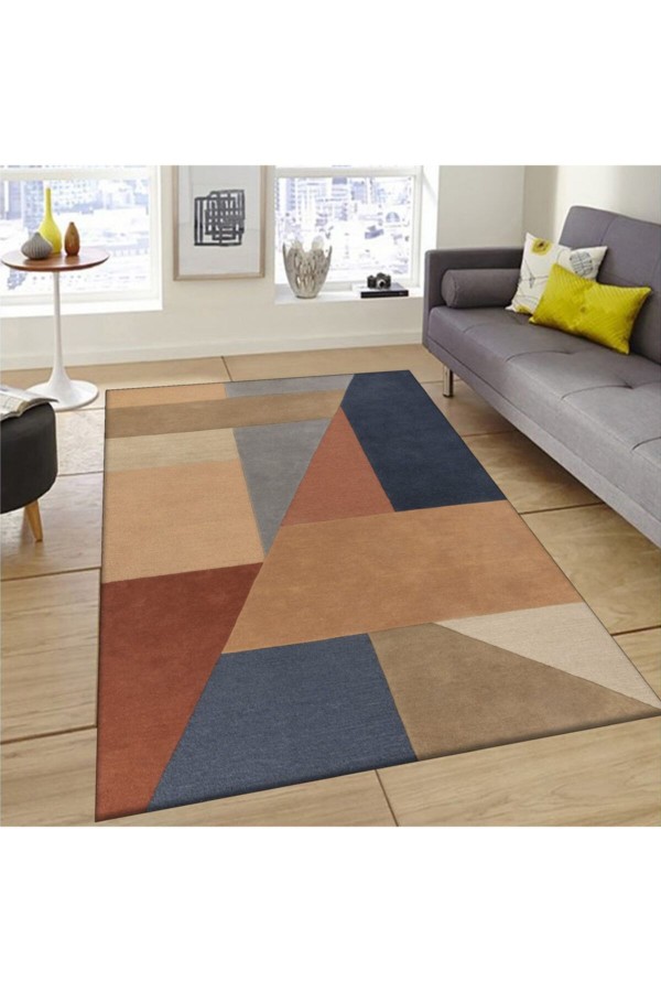 Kahverengi Mavi Sarı Patchwork Desenli Makinede Yıkanabilir Kaymaz Taban Halı Kahverengi Mavi Sarı Patchwork Desenli Makinede Yıkanabilir Kaymaz Taban Halı